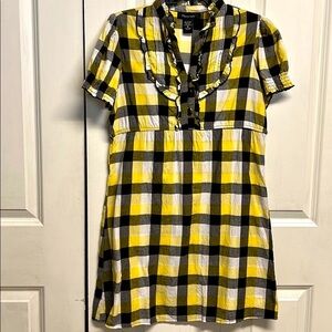 Fleurish Black Yellow Bright Plaid V Neck Short Sleeves Cotton Casual Dress